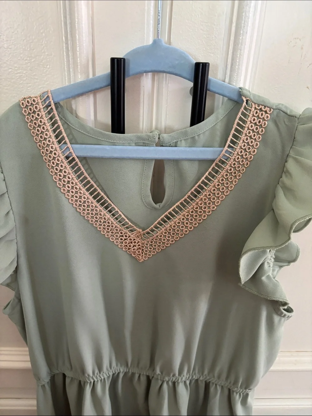 Girls Sage Green Ruffle Sleeve Dress with Embroidered V-Neck